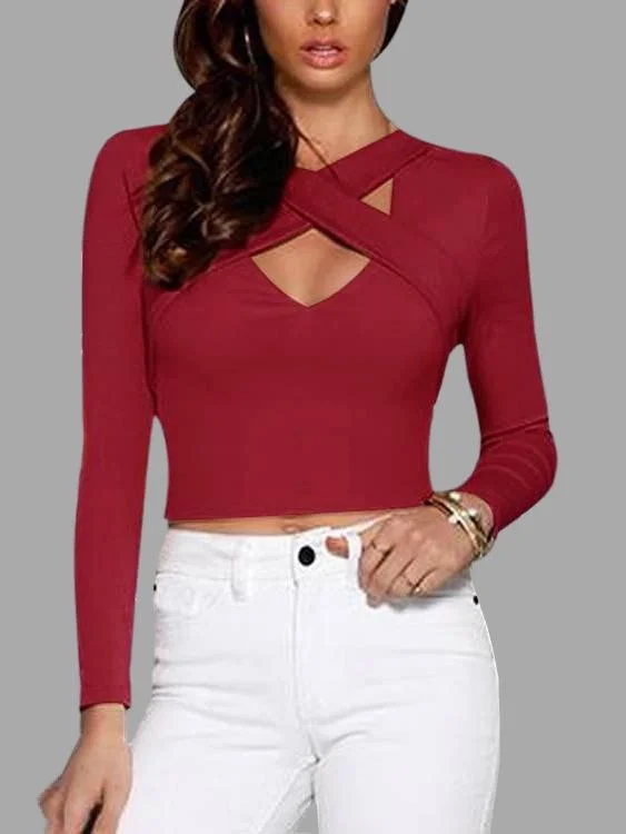 Custom V-Neck Crossed Front Long Sleeve Darkred T-Shirts