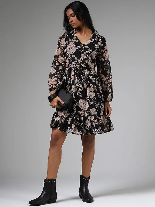 LOV Black Floral Printed Tiered Dress