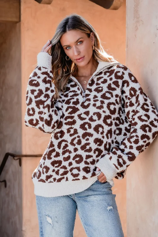 Fuzzy Tan Leopard Print Zip Up Sweater - FINAL SALE