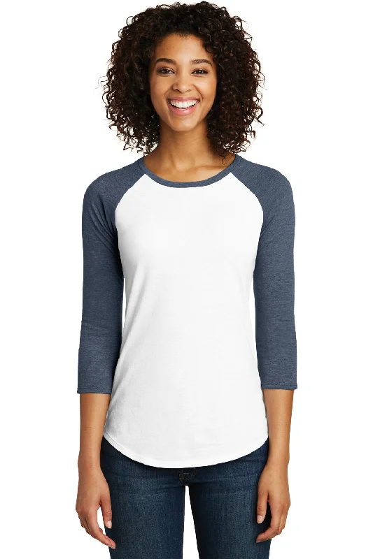 District Womens Very Important 3/4 Sleeve Crewneck T-Shirt - White/Heather Navy Blue - Closeout