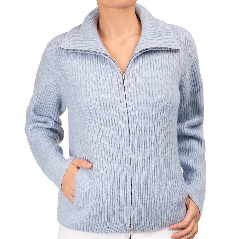 Cashmere & Wool Rib Zip Cardigan in Sky Blue