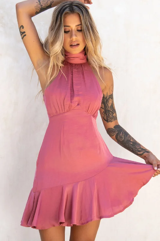 Promises Halterneck Fluted Hem Dress Rose