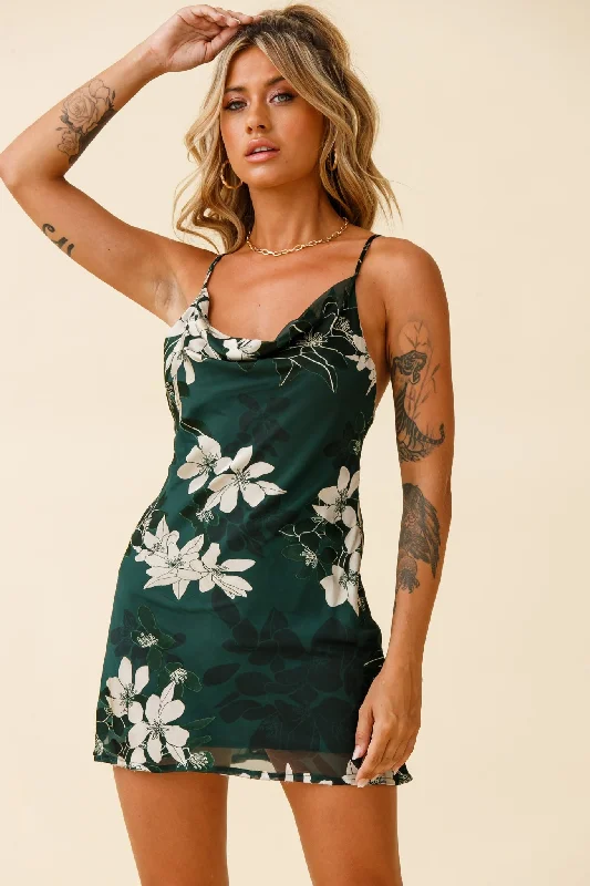 Show Me Love Cowl Neck Mini Dress Flower Print Green