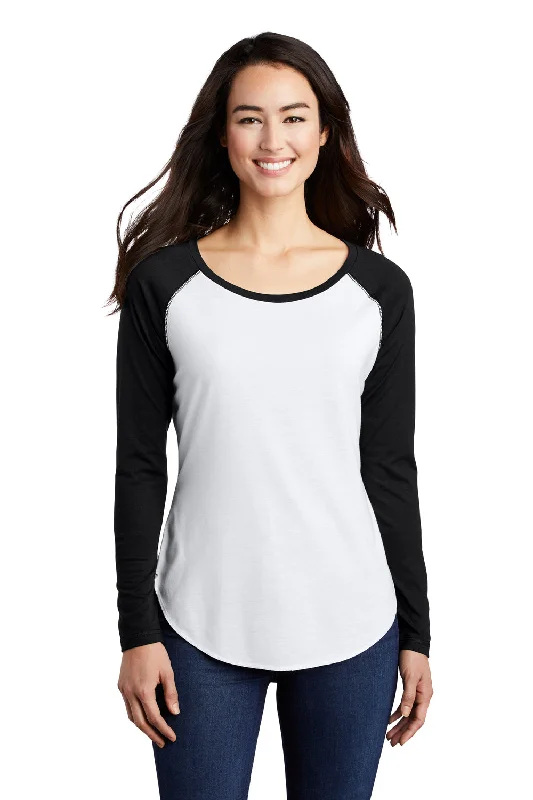 Sport-Tek Womens Moisture Wicking Long Sleeve Scoop Neck T-Shirt - White/Black - Closeout