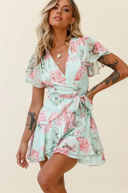 Cami Angel Sleeve Faux Wrap Dress Hydrangea Print Mint/Pink