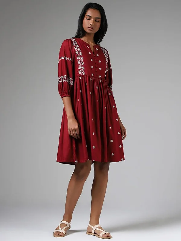 LOV Burgundy Embroidered Gathered Dress