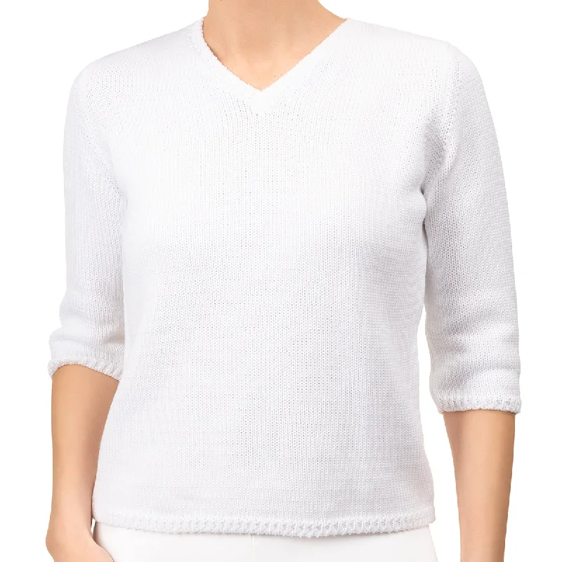 V Neck Cotton Pullover in White