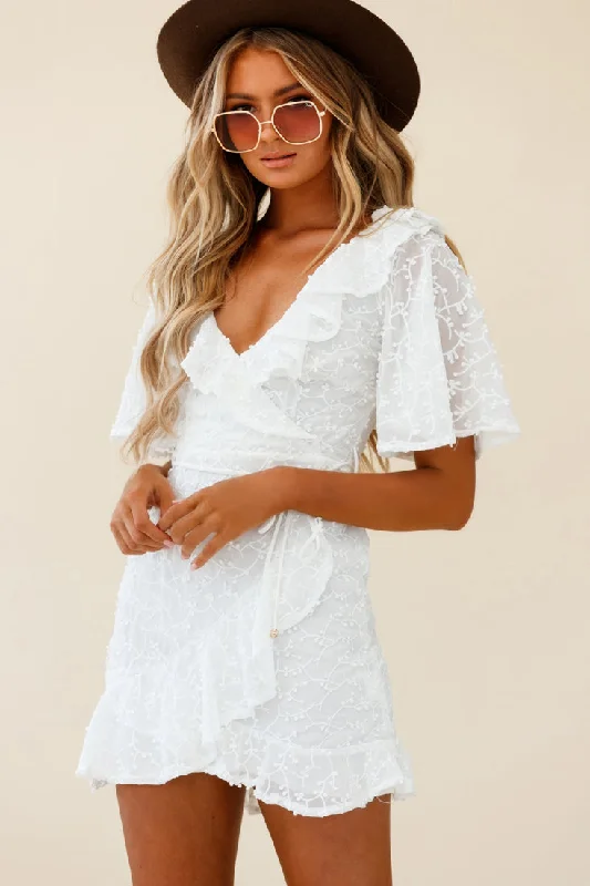 Bryana Angel Sleeve Ruffle Embellished Overlay Dress White