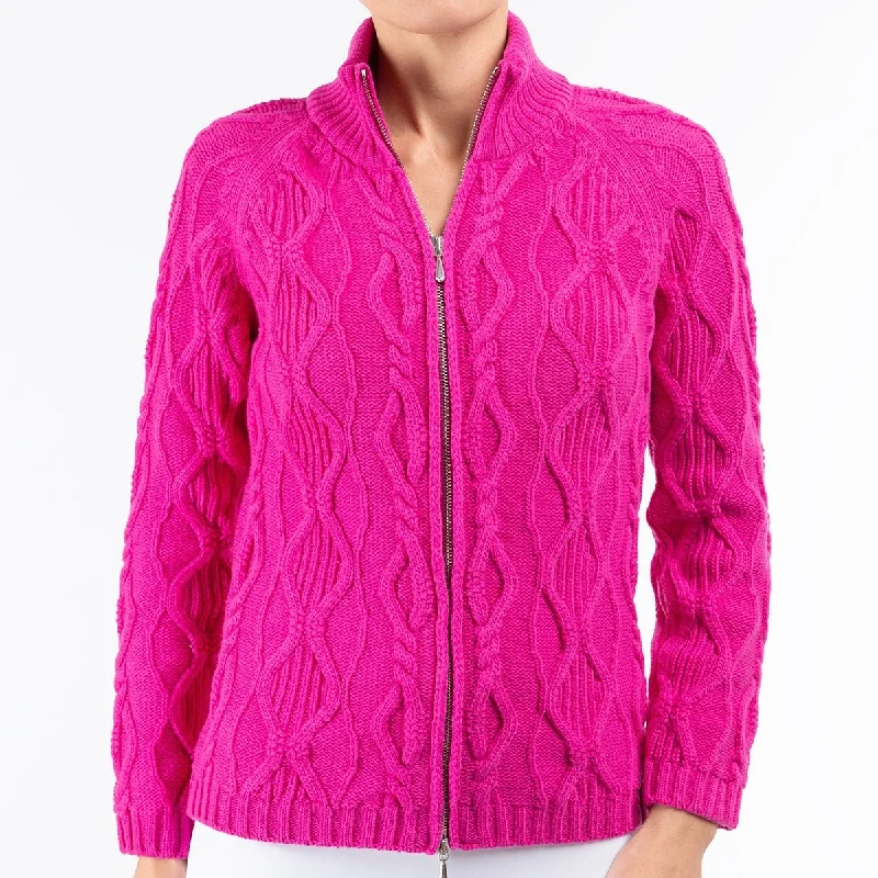 Cable Zip Cardigan in Fuxia