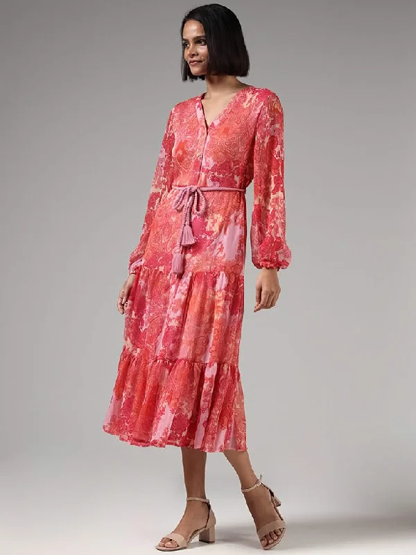 LOV Pink Paisley Printed Tiered Dress With Belt