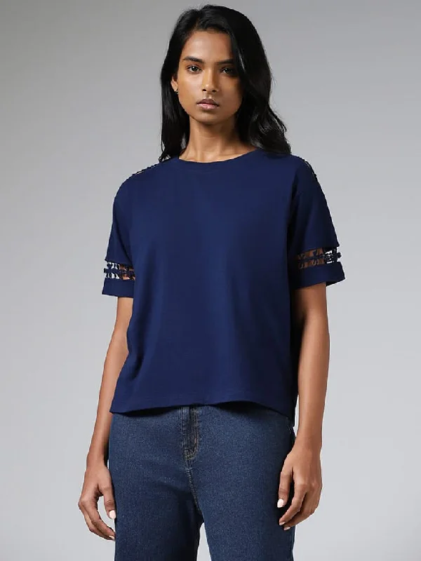 LOV Navy Cotton Lace Insert Top