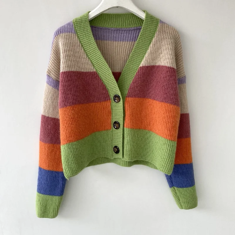 Earthy Stripe Cropped Cardigan (Multicolored)