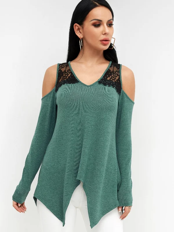 Custom V-Neck Cold Shoulder Plain Lace Backless Long Sleeve Irregular Hem Green T-Shirts