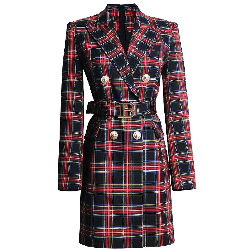 Plaid Double-Breasted Blazer Dress with Belt