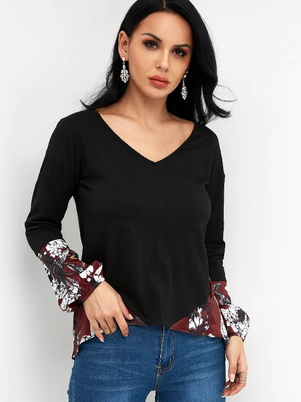 Custom V-Neck Floral Print Long Sleeve T-Shirts