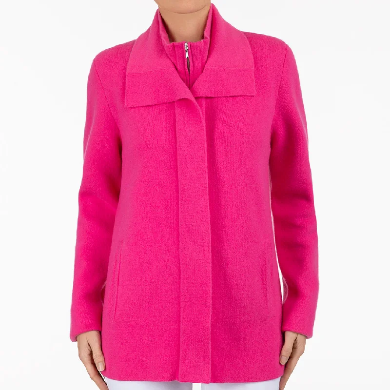 Double Collar Zip Front Cardigan in Magenta