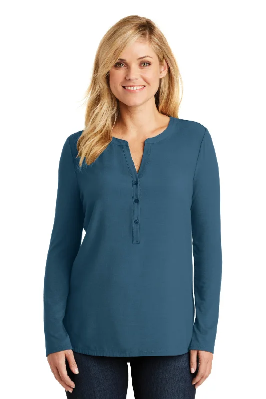 Port Authority Womens Concept Jersey Long Sleeve Henley T-Shirt - Dusty Blue - Closeout