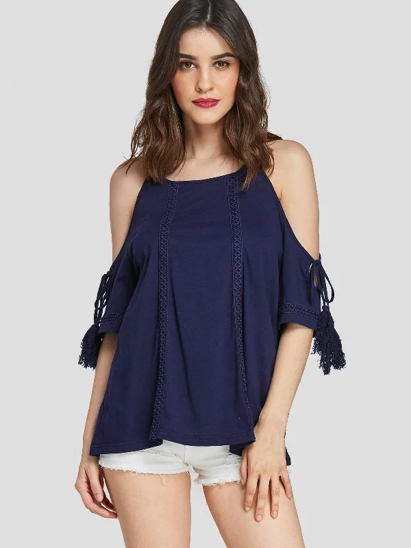 Custom Cold Shoulder Tassel Crochet Lace Embellished Lace-Up Half Sleeve Dark T-Shirts Sporty Women's Athleisure Custom Cold Shoulder Tassel Crochet Lace Embellished Lace-Up Half Sleeve Dark T-Shirts Sporty Women's Athleisure