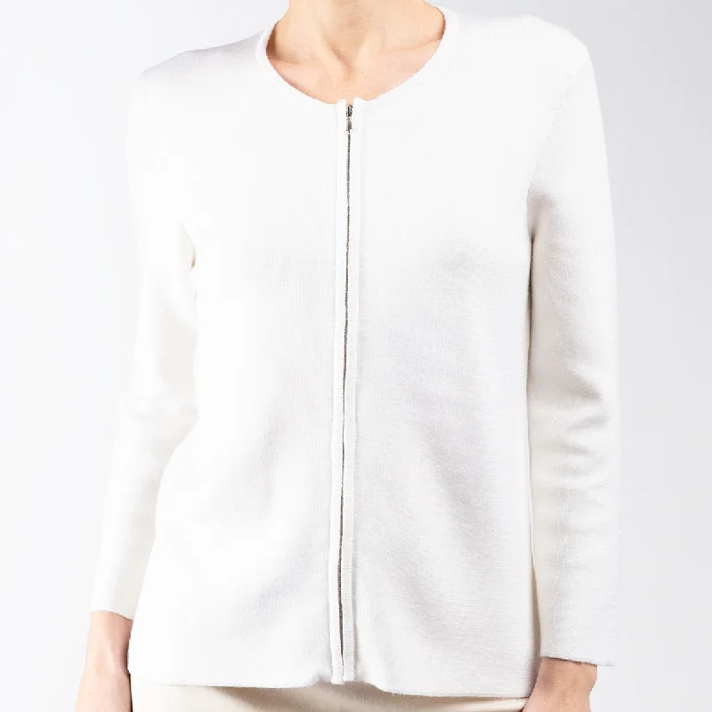 Round Neck Zip Cardigan in White