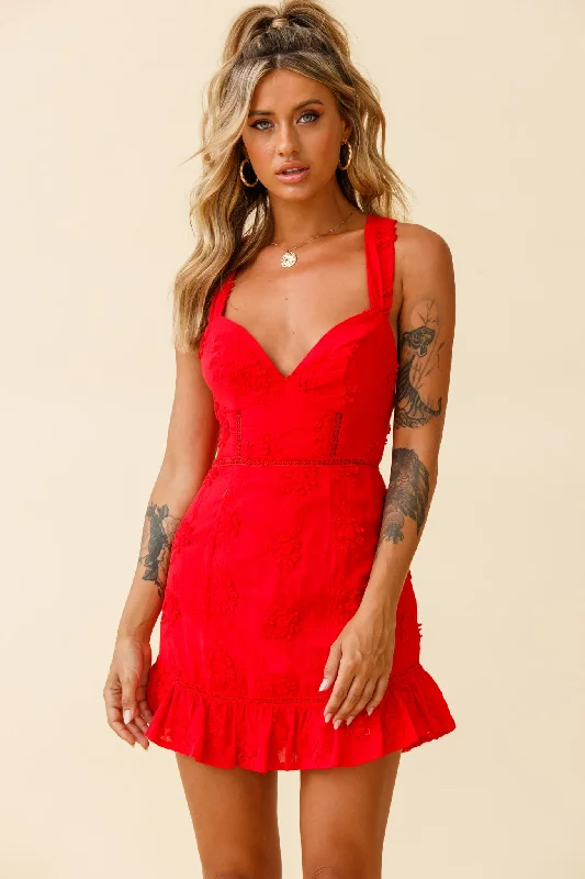 Charity Criss-Cross Back Floral Embroidered Dress Red