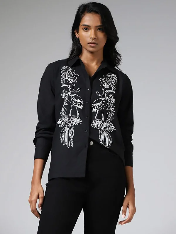 LOV Black Nature Doodle Embroidered Blended Linen Shirt