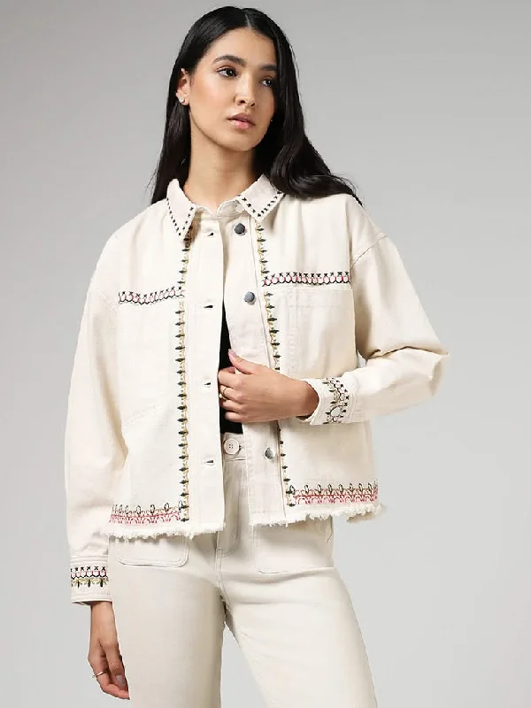 LOV Beige Embroidered Denim Jacket