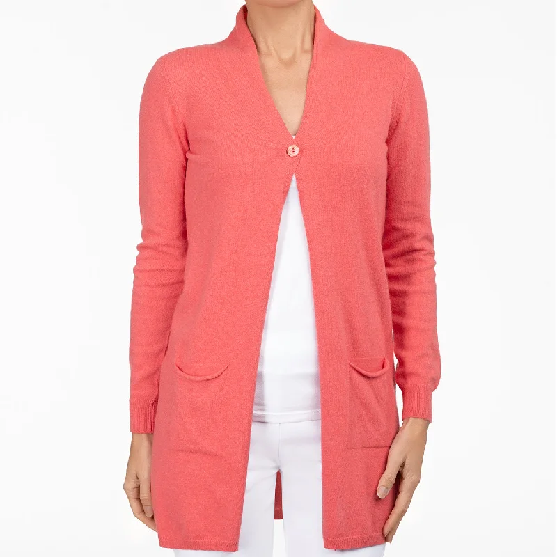 Long One Button Cardigan in Coral