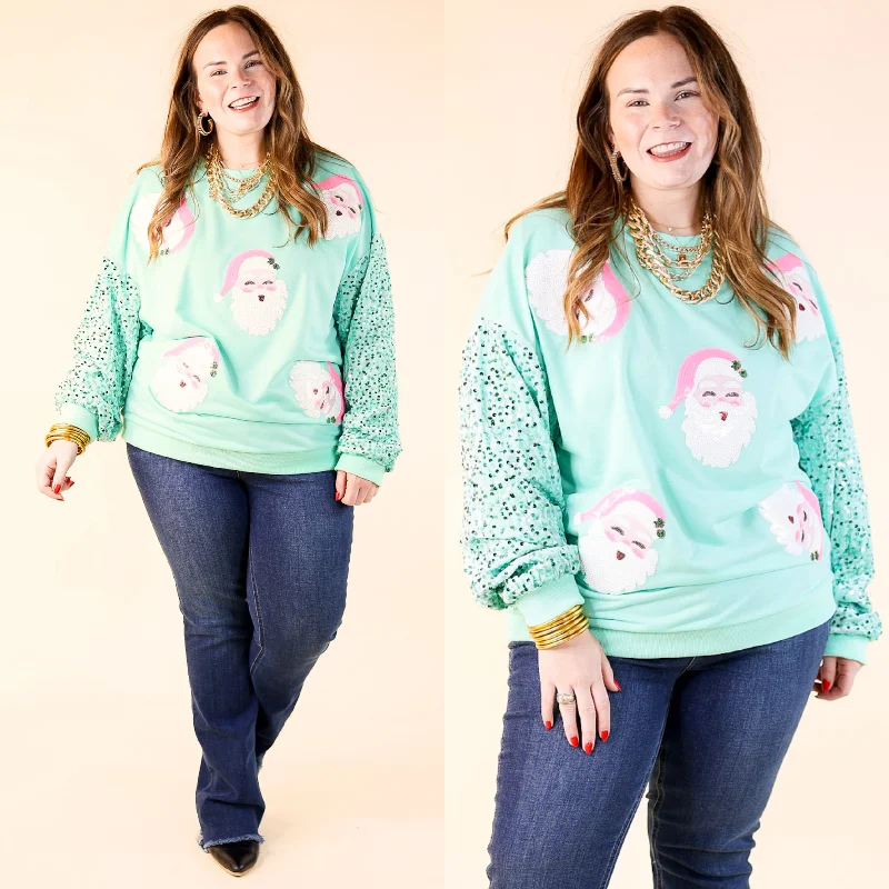 Sequin Santa Crewneck Sweatshirt with Velvet Sleeves in Mint Green