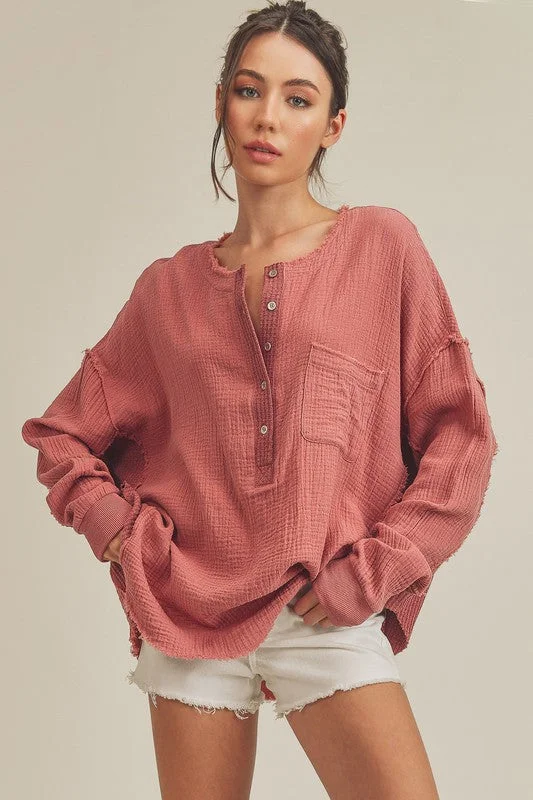Aemi + Co Exposed Seam Raw Hem Half Button Top Casual Women's Japanese 