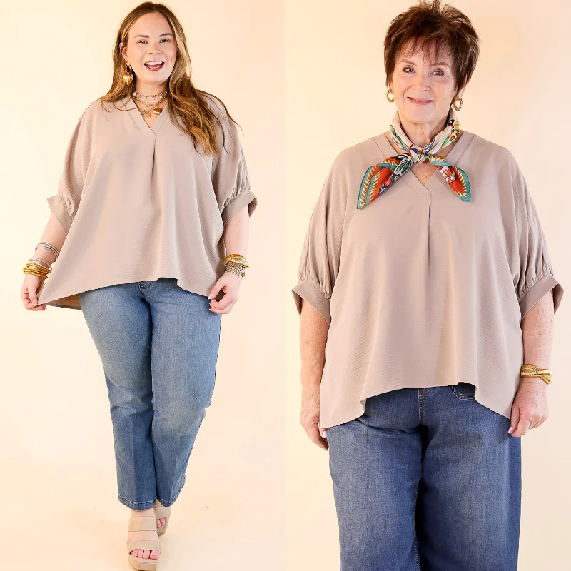 Elevated Basics V Neck Top with Half Sleeves in Ash Mocha Brown