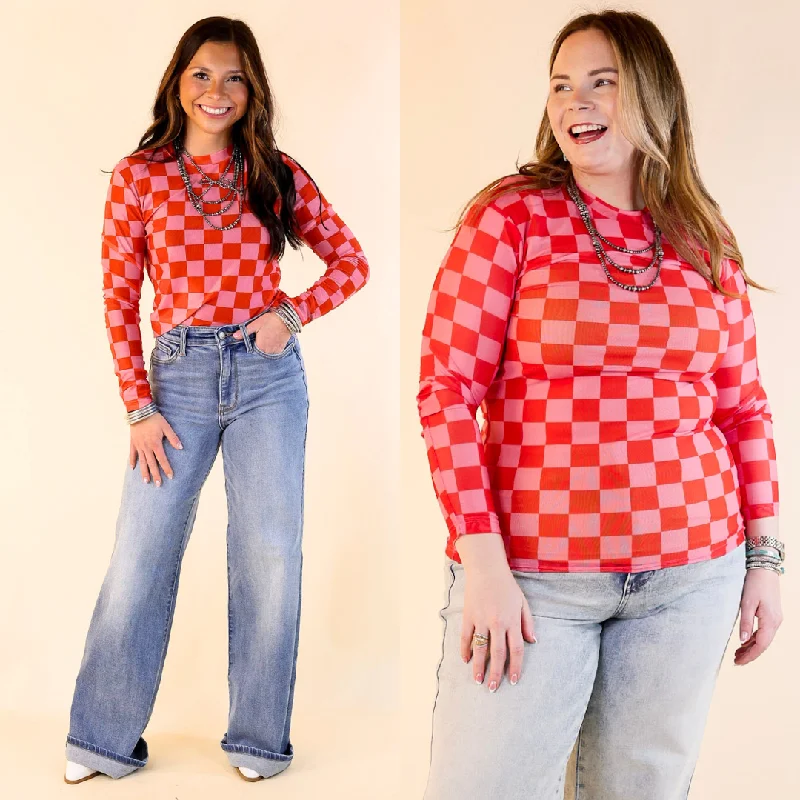 Western Dream Checkered Mesh Long Sleeve Top in Pink and Red