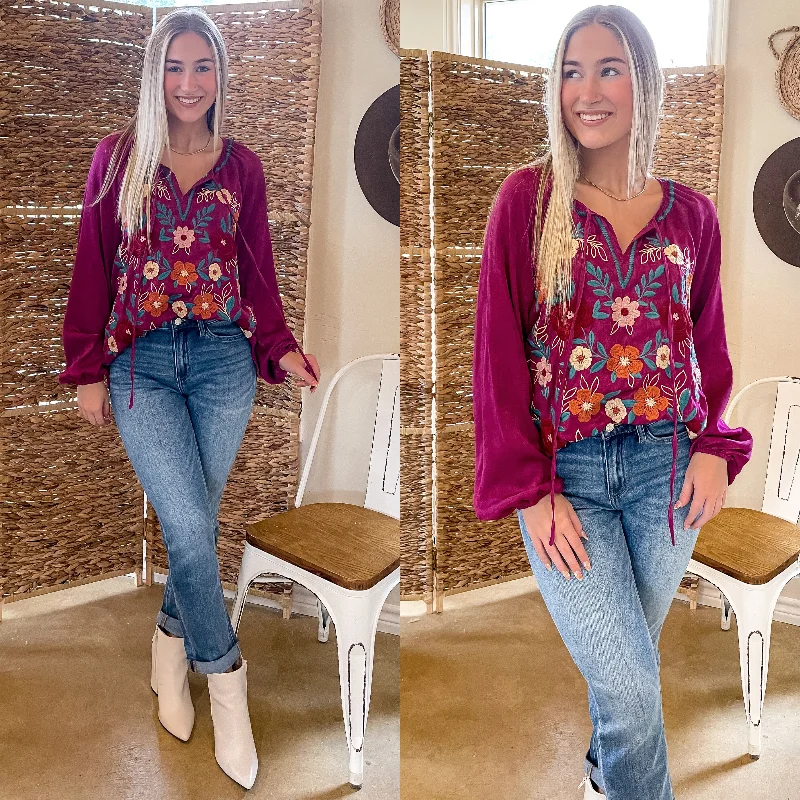 Savanna Jane | These Are The Days Long Sleeve Floral Embroidered Top in Magenta