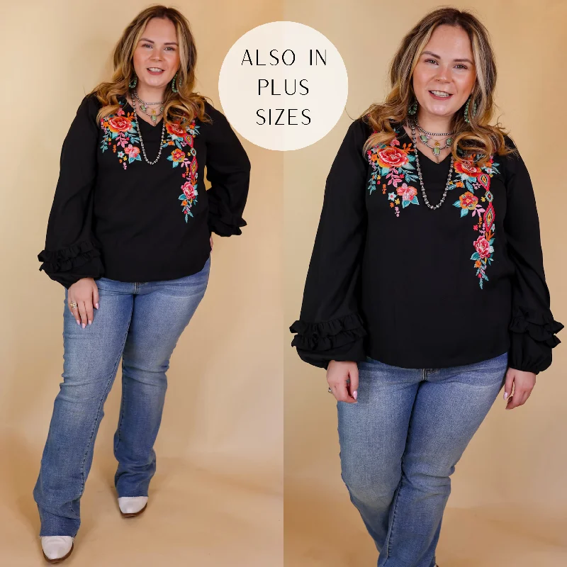 Vineyard Villa Floral Embroidered Top with Long Ruffle Sleeves in Black