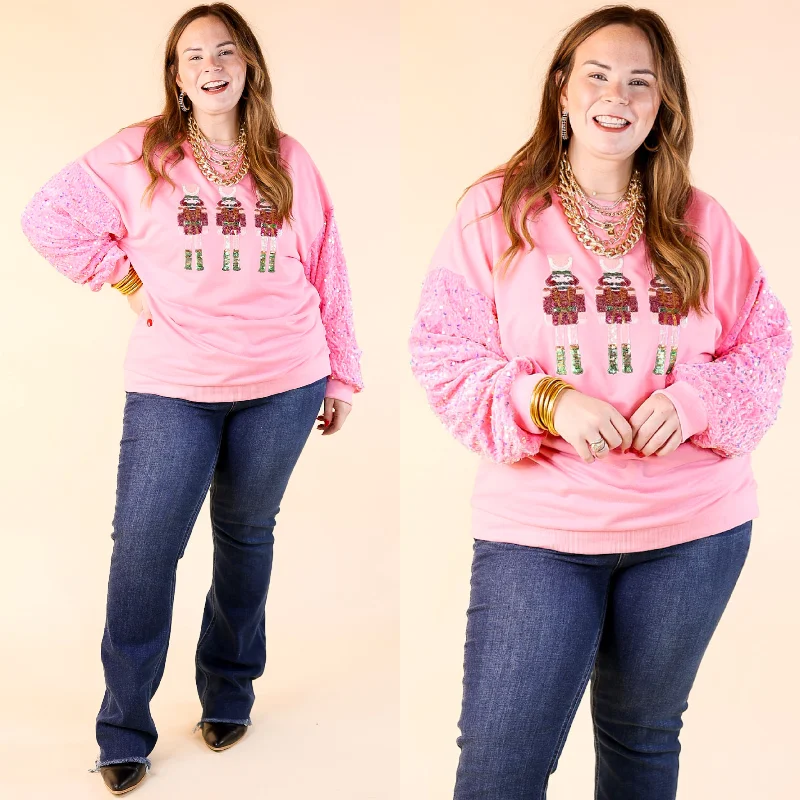 Sequin Nutcracker Crewneck Sweatshirt with Velvet Sleeves in Light Pink