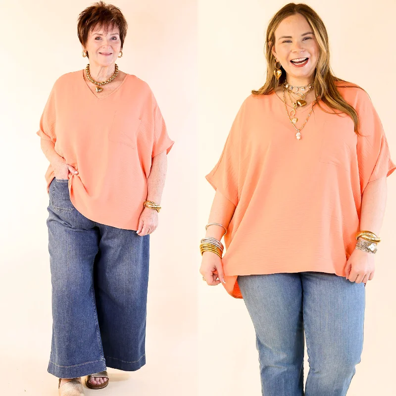 Try To Resist Short Sleeve V Neck Top with Front Pocket in Coral