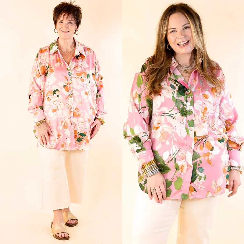 Tell Me Something Good Floral Long Sleeve Button Up Top in Pink