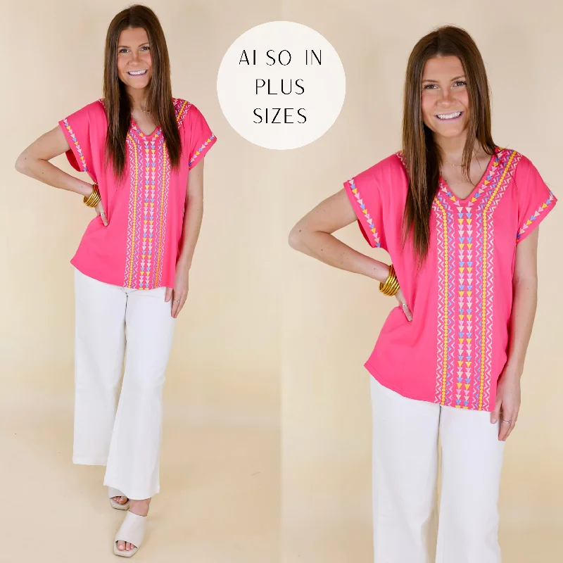 Paradise Found Embroidered Short Sleeve Top with V Neckline in Pink