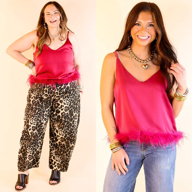 Out All Night Spaghetti Strap Top with Feather Hem in Magenta