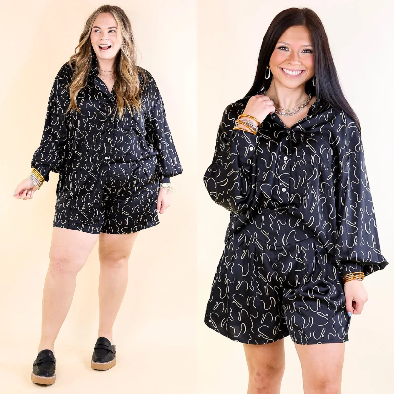 Endlessly Obsessed Satin Button Up Swirl Print Top in Black