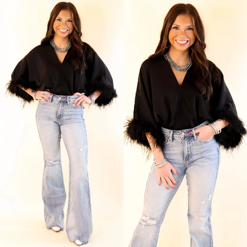 Party Plans V Neck Bodysuit with Feather Sleeves in Black