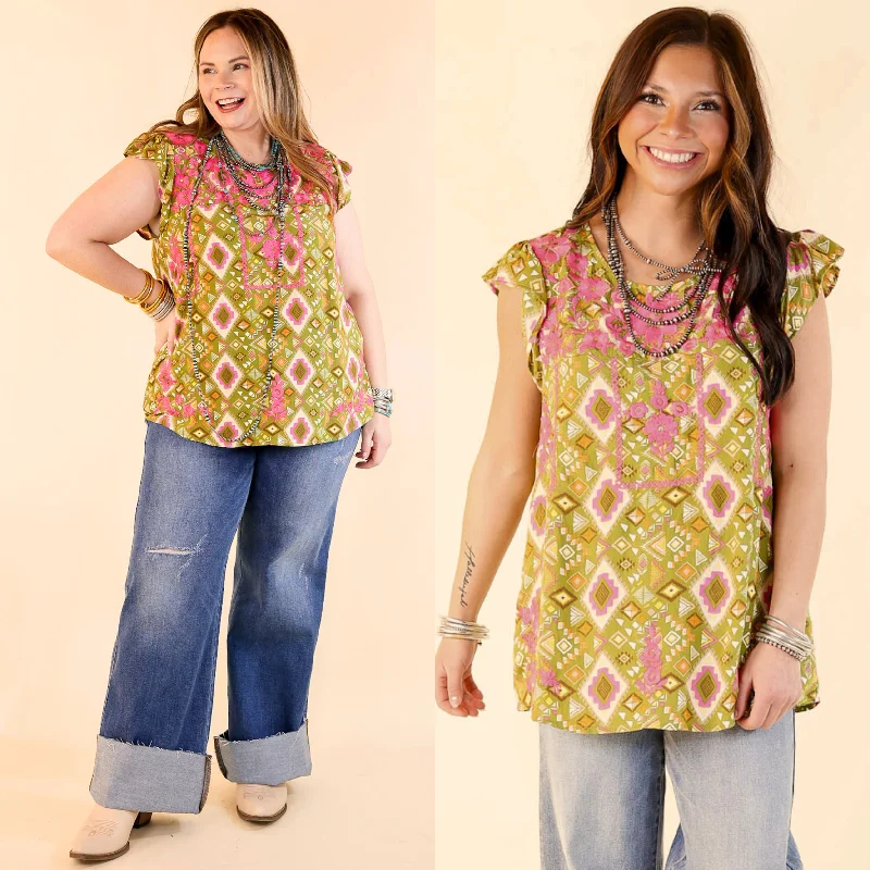 Sweet Serenade Aztec Print Top with Pink Floral Embroidery in Olive Green