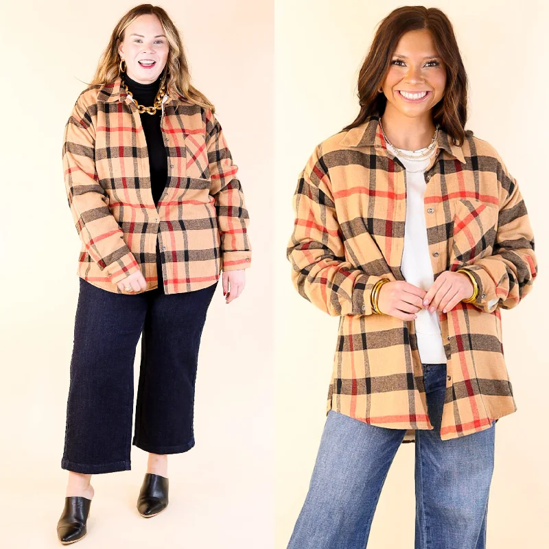 Soft and Dreamy Fur Lined Plaid Flannel Shacket in Tan