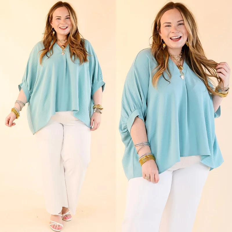 Elevated Basics V Neck Top with Half Sleeves in Dusty Teal Blue