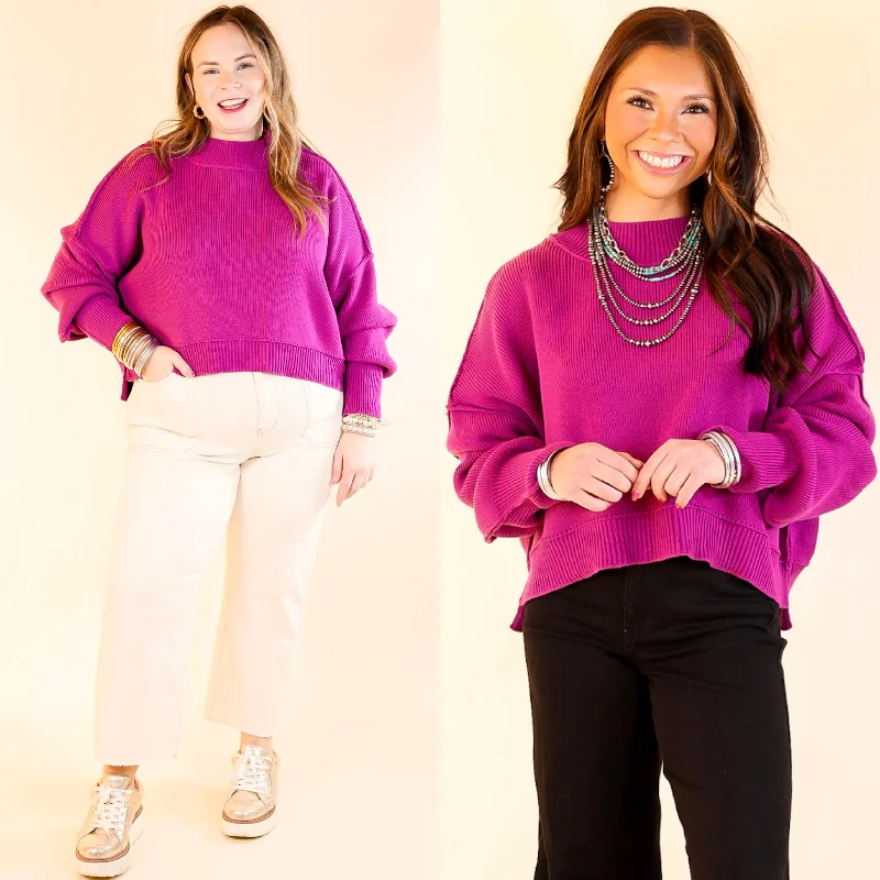 Fireside Fit Cropped Long Sleeve Mock Neck Sweater in Plum Purple