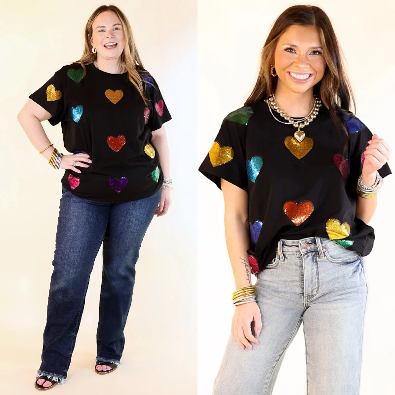 Queen Of Sparkles | Fluttering Hearts Multi-Colored Sequin Top in Black