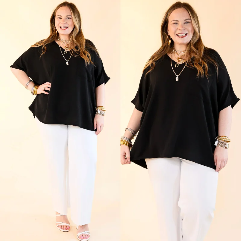 Try To Resist Short Sleeve V Neck Top with Front Pocket in Black