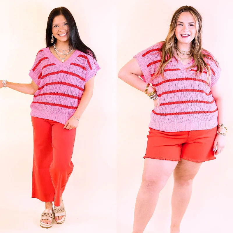 Cool Comfort Short Sleeve Striped Sweater in Pink and Red