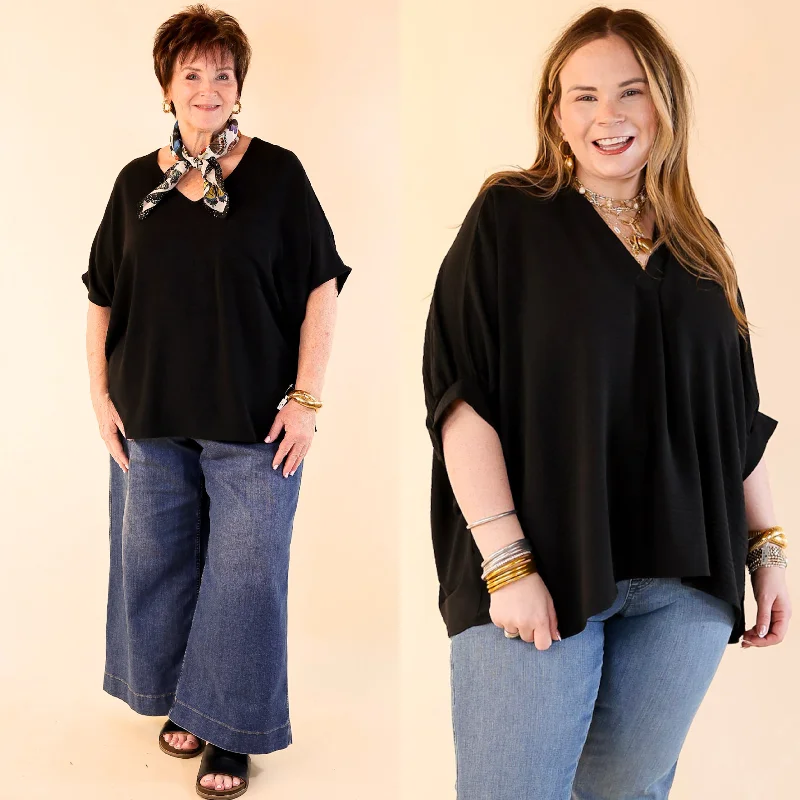 Elevated Basics V Neck Top with Half Sleeves in Black