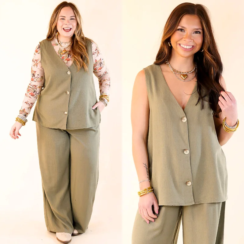 Styled for Success Button Up Linen Vest in Light Olive Green