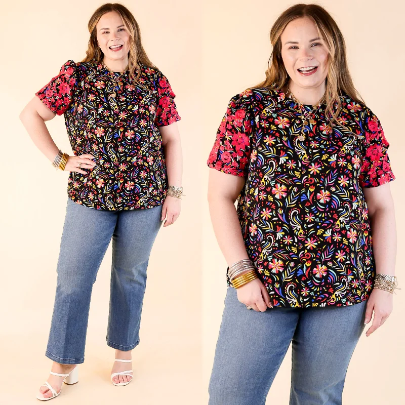 Vivid Vibes Multicolor Patterned Top with Short Puff Sleeves in Black